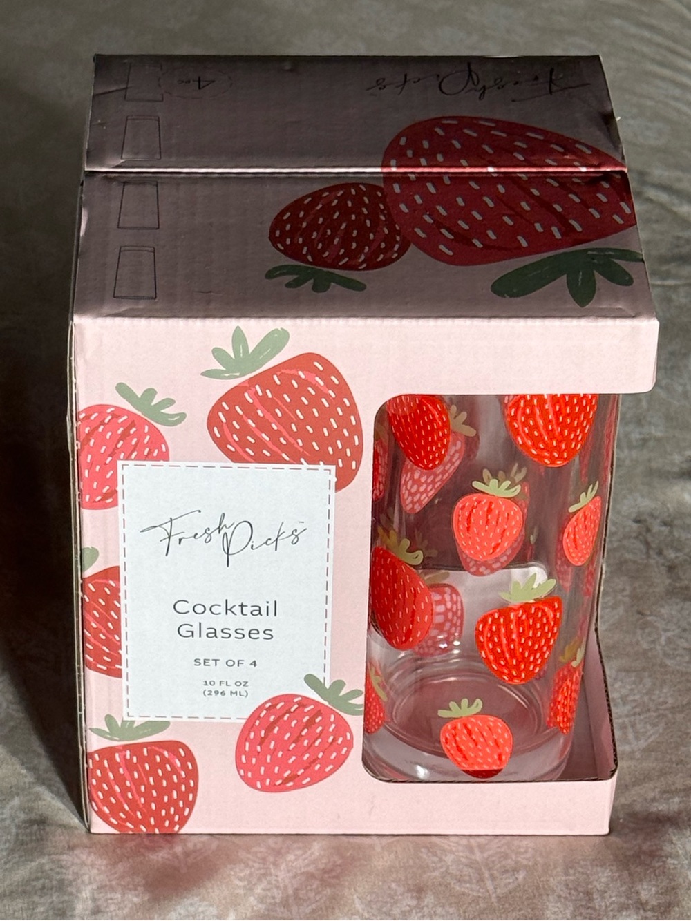 NIB Fresh Picks Strawberry Cocktail Glasses Set of 4 10oz